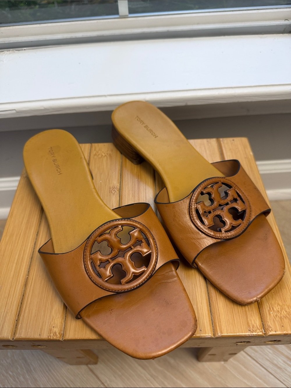 Tory Burch Tan Leather Logo Slide Mules